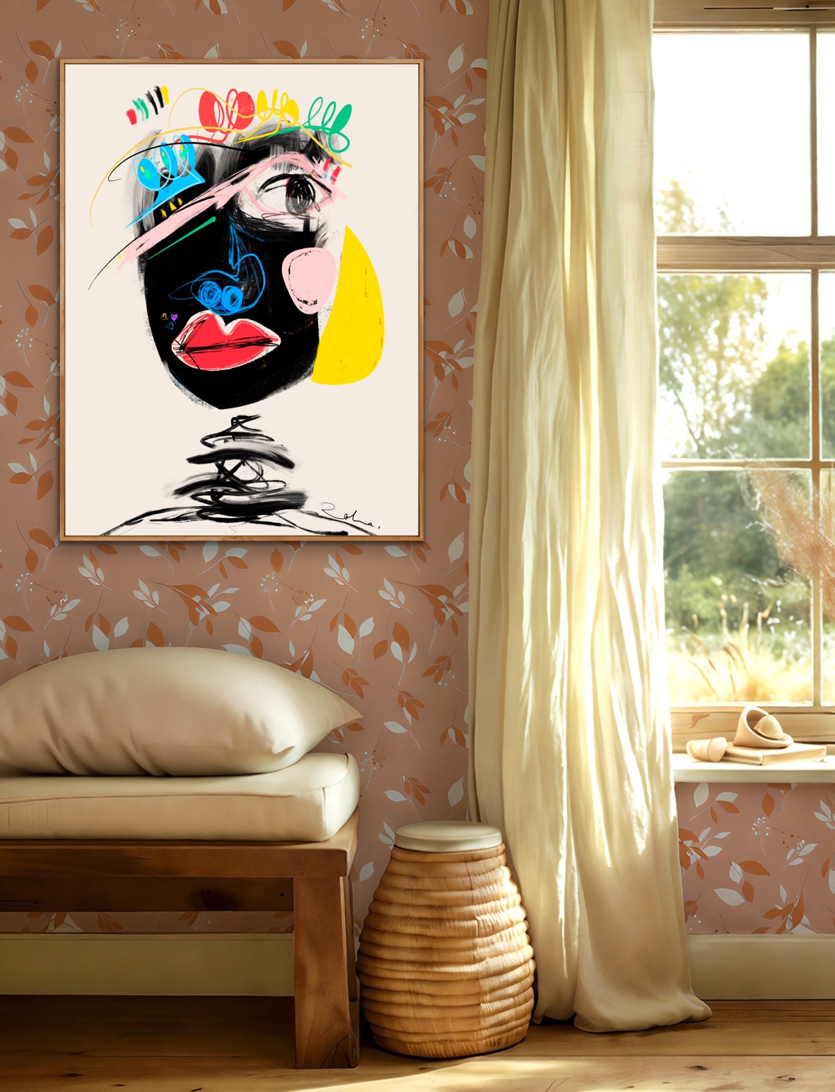 A framed work by Zoha Abdulsater hanging above a bench in a sunlit room with patterned walls