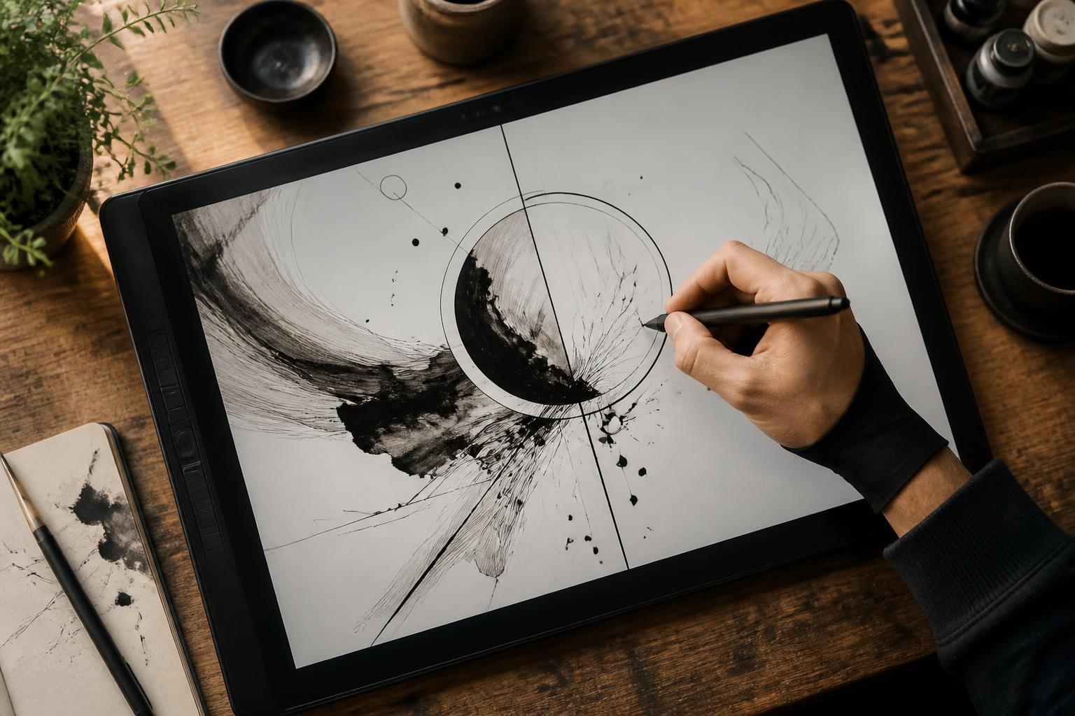 Stylus drawing black calligraphic linework on a tablet