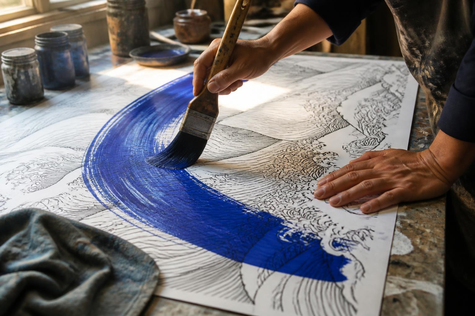 A hand painting a cobalt wash over printed linework