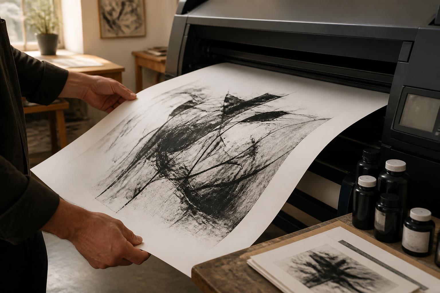 A printed linework sheet emerging from a fine-art printer